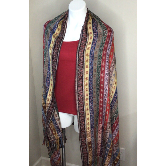Unbranded Accessories - Colorful Striped Shawl/Wrap with Fringe Size 80 inches long by 40 inches wide